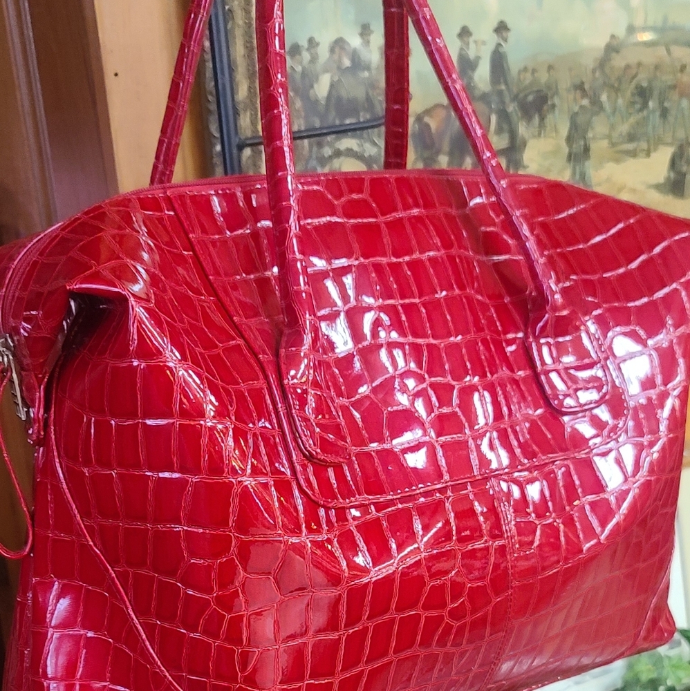 Red Crocodile-Embossed Tote Bag